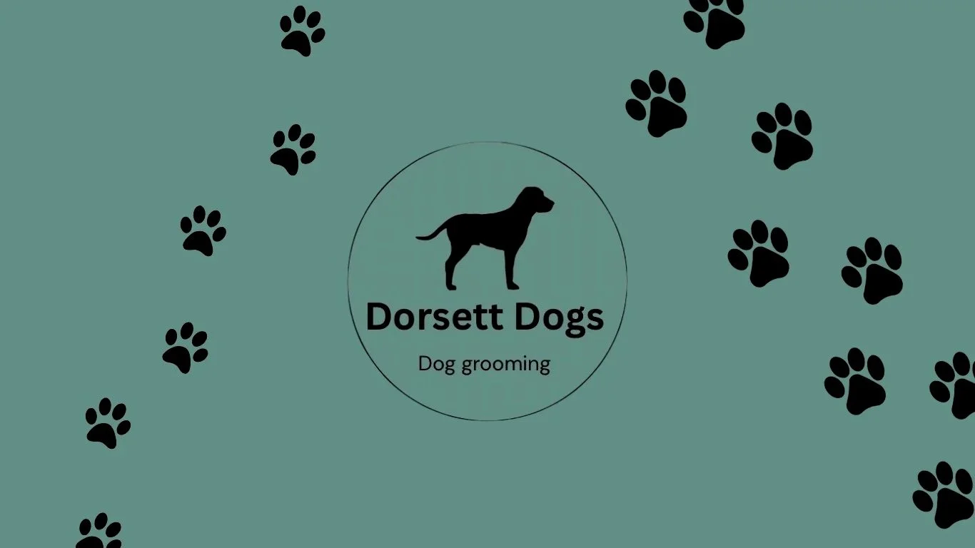 Logo for Dorsett Dogs Dog Grooming with a silhouette of a dog and paw prints on a teal background.