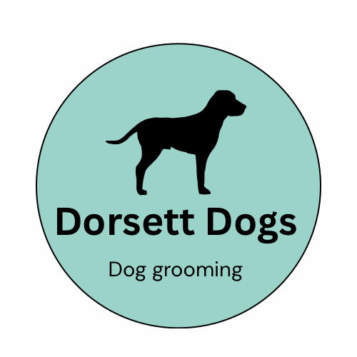A circular logo with a teal background features a black silhouette of a dog standing and the text "Dorsett Dogs" and "Dog grooming."