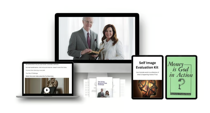 Various digital devices displaying images and text related to self-improvement, finance, and motivational content. Central monitor shows two smiling people, one elderly man and a young woman, holding a book.