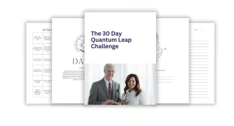 Front page of a booklet titled "The 30 Day Quantum Leap Challenge" with a man and woman smiling, dressed professionally, and holding a book or tablet.
