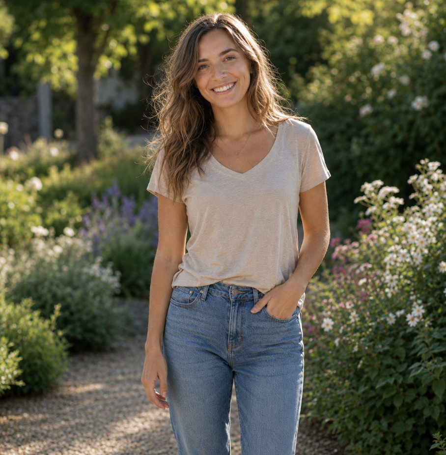 A young woman with wavy brown hair smiling outdoors in a garden with green foliage and flowers.
