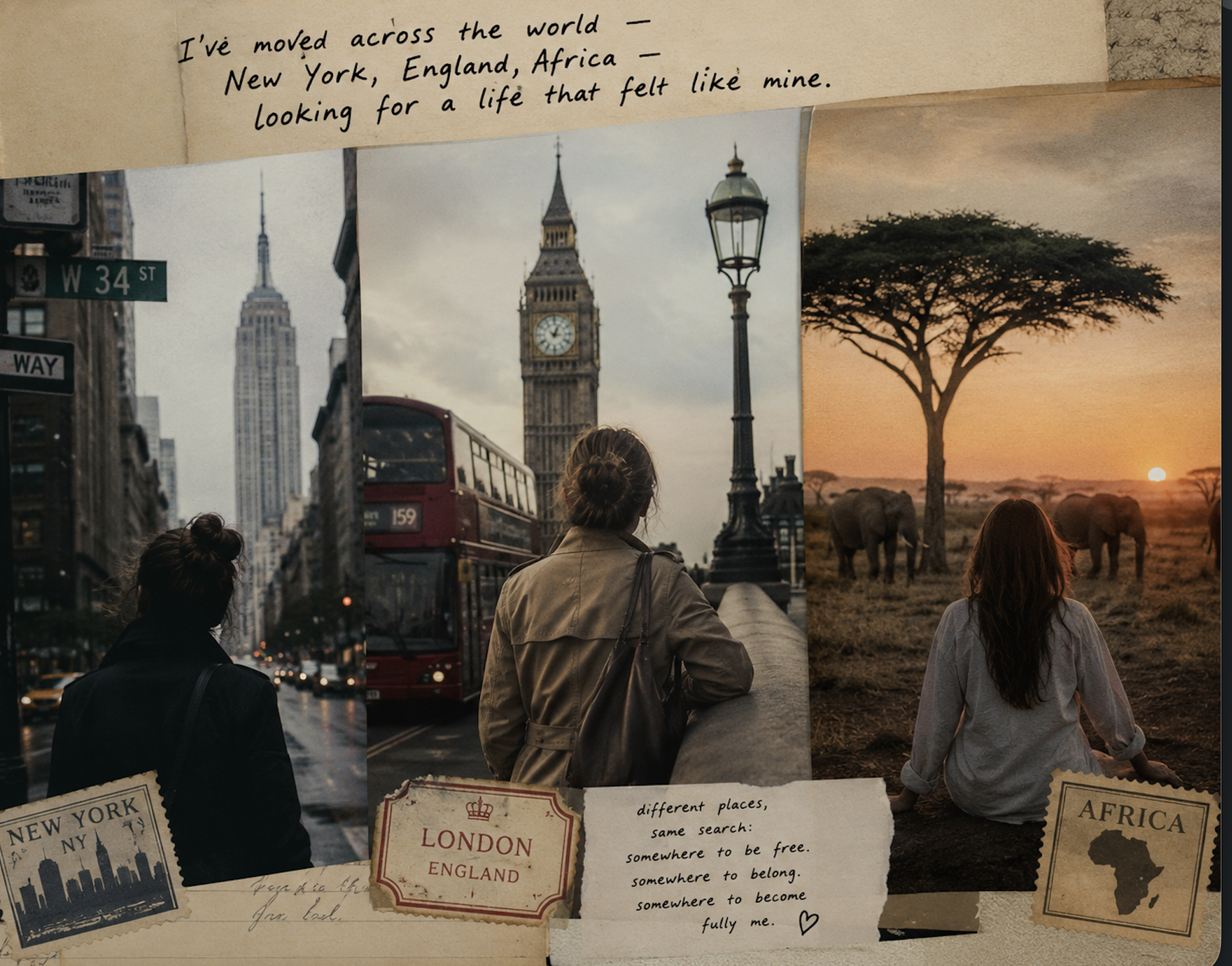 A collage of three photographs showing different places around the world. The first photo shows a person looking at the Empire State Building in New York City with a taxi and traffic. The second photo features Big Ben and a double-decker bus in London, England. The third photo depicts a woman with long hair looking at elephants and a sunset in Africa. Handwritten notes and travel-themed tags with locations like New York, London, and Africa are also part of the collage.