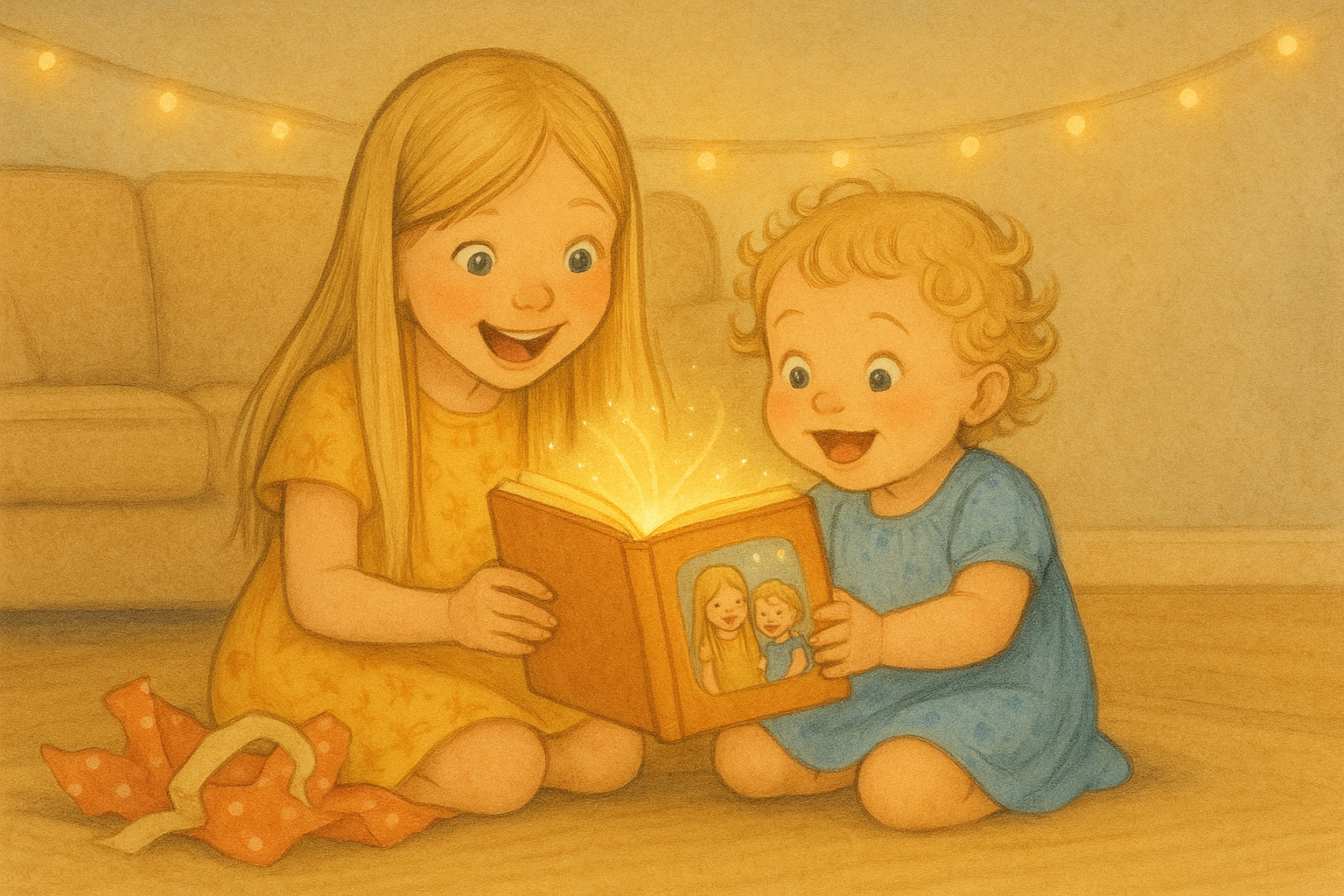 Two children, a girl and a boy, sitting on the floor and looking at a photo album with a glowing effect, in a cozy room with string lights and a beige couch in the background.