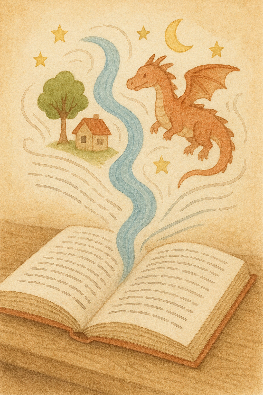 An open storybook with illustrations of a house, tree, a dragon, stars, moon, and a river flowing out of the pages, giving a magical appearance.