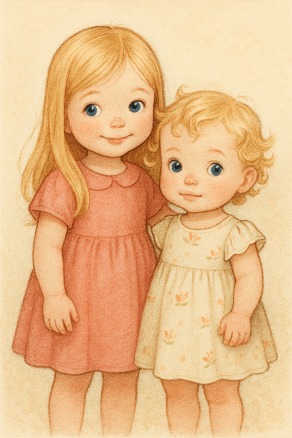 Two young girls, one with long blonde hair and the other with short curly blonde hair, standing close together, smiling, against a light-colored background. The girl with long hair is wearing a pink dress, and the other girl is wearing a light-colored dress with small floral patterns.