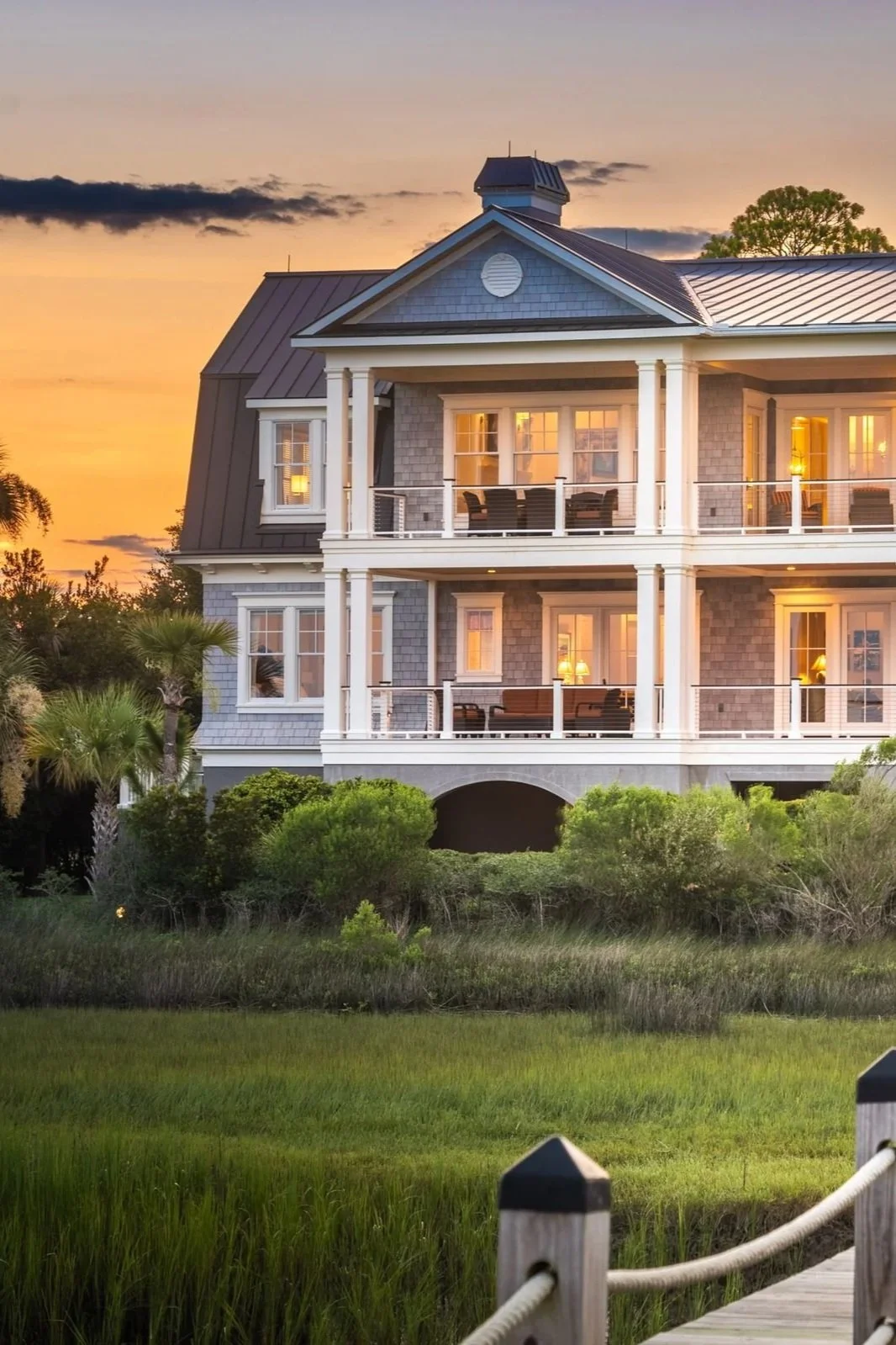 A large, multi-story house on Seabrook Island with a dark metal roof, white columns, and balconies, at sunset, surrounded by greenery.