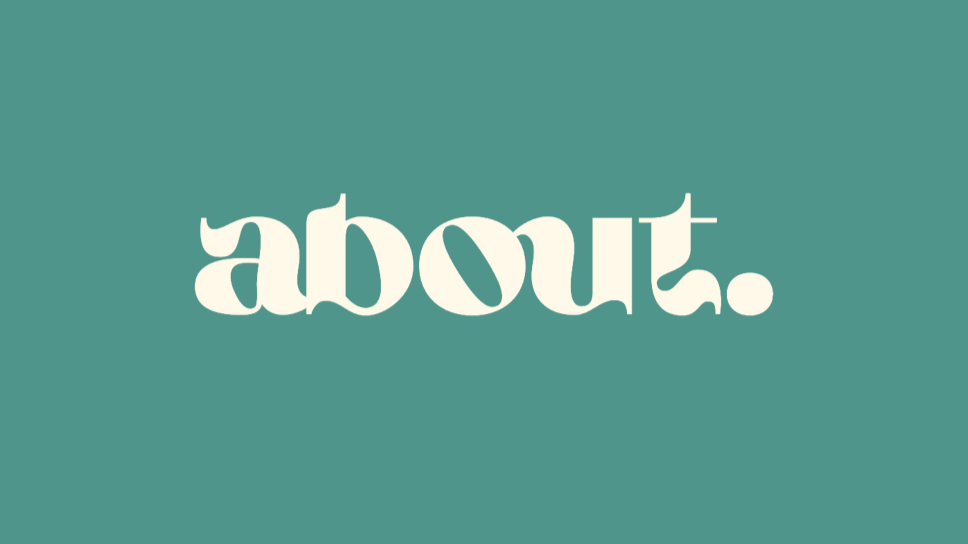 The word 'about.' written in stylized white text on a teal background.
