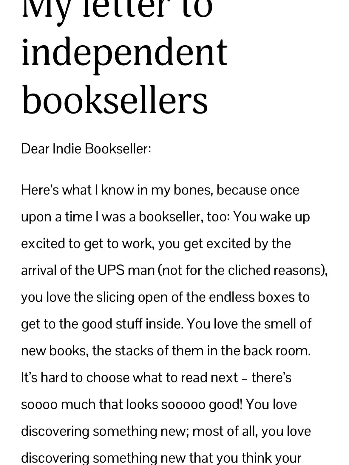 Happy Independent Bookstore Day! 🥳📚I was an indie bookseller for a few years myself and wrote this letter to express my appreciation for the important work that indie bookstores and booksellers do. It was true when I wrote it two years ago around t