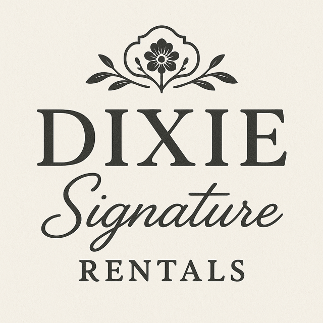 Logo for Dixie Signature Rentals with floral design above the text.