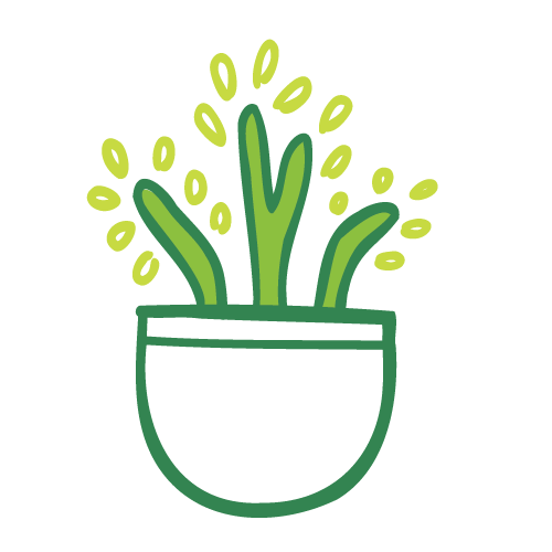 Simple digital illustration of a potted plant with multiple green stems and small yellow-green droplets around them.