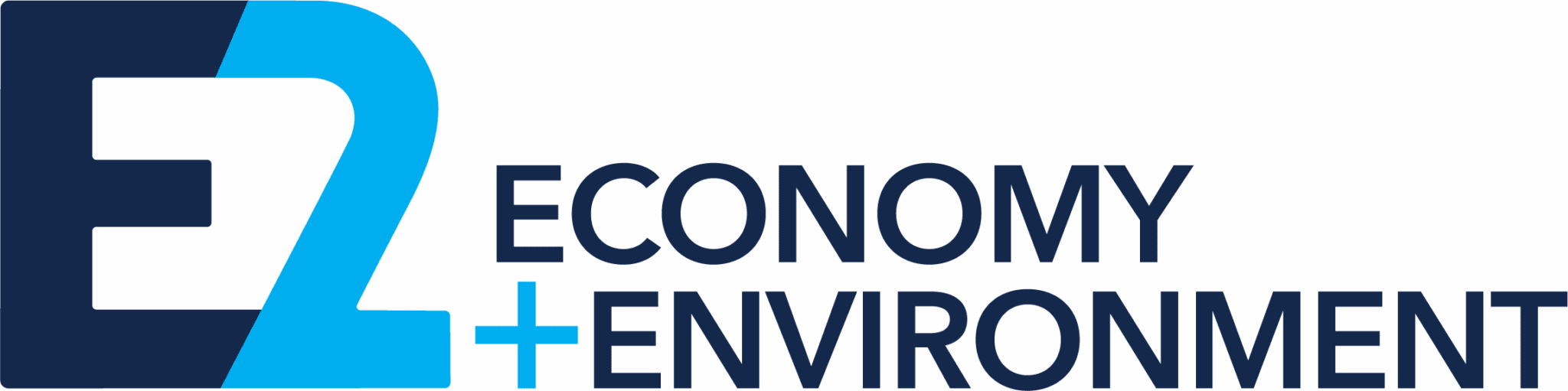 Logo with the text E2 Economy + Environment in blue shades.