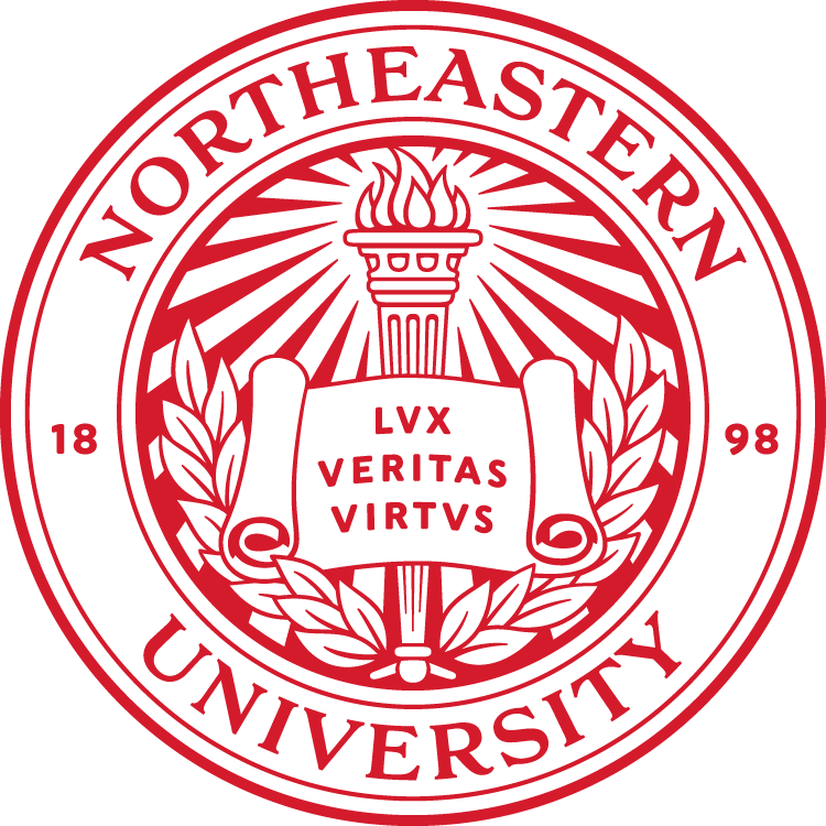 The seal of Northeastern University featuring a torch, a book with the Latin words "Lux Veritas Virtvs," and the founding year 1898.