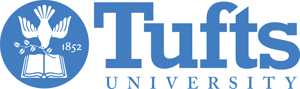 Logo of Tufts University featuring a blue circle with a black dove holding an olive branch, the number 1852, and an open book, with the text 'Tufts University' in blue.