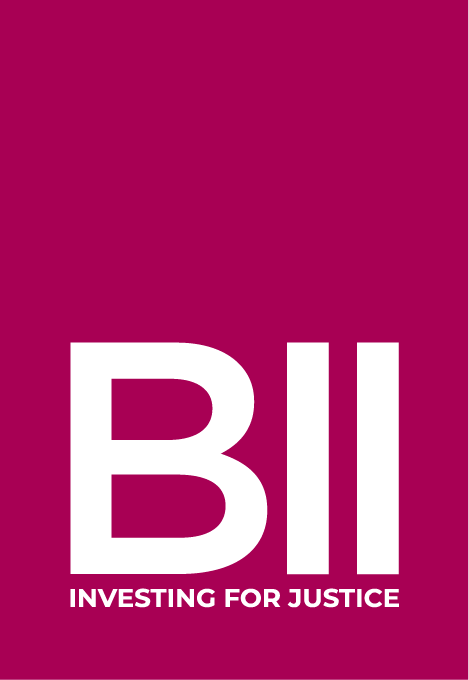 A vertical magenta banner with large white letters spelling 'BII' and the smaller text 'Investing for Justice' beneath.