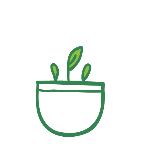 Line drawing of a plant in a pot with three leaves.