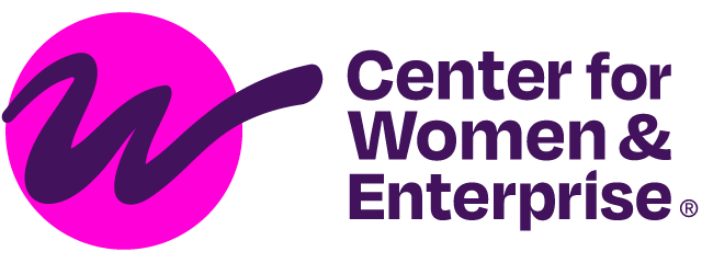 Logo of the Center for Women & Enterprise featuring a pink circle with a stylized purple 'W' and the organization name in purple text.