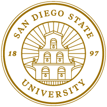 Seal of San Diego State University featuring a building and sun rays, with the year 1897.