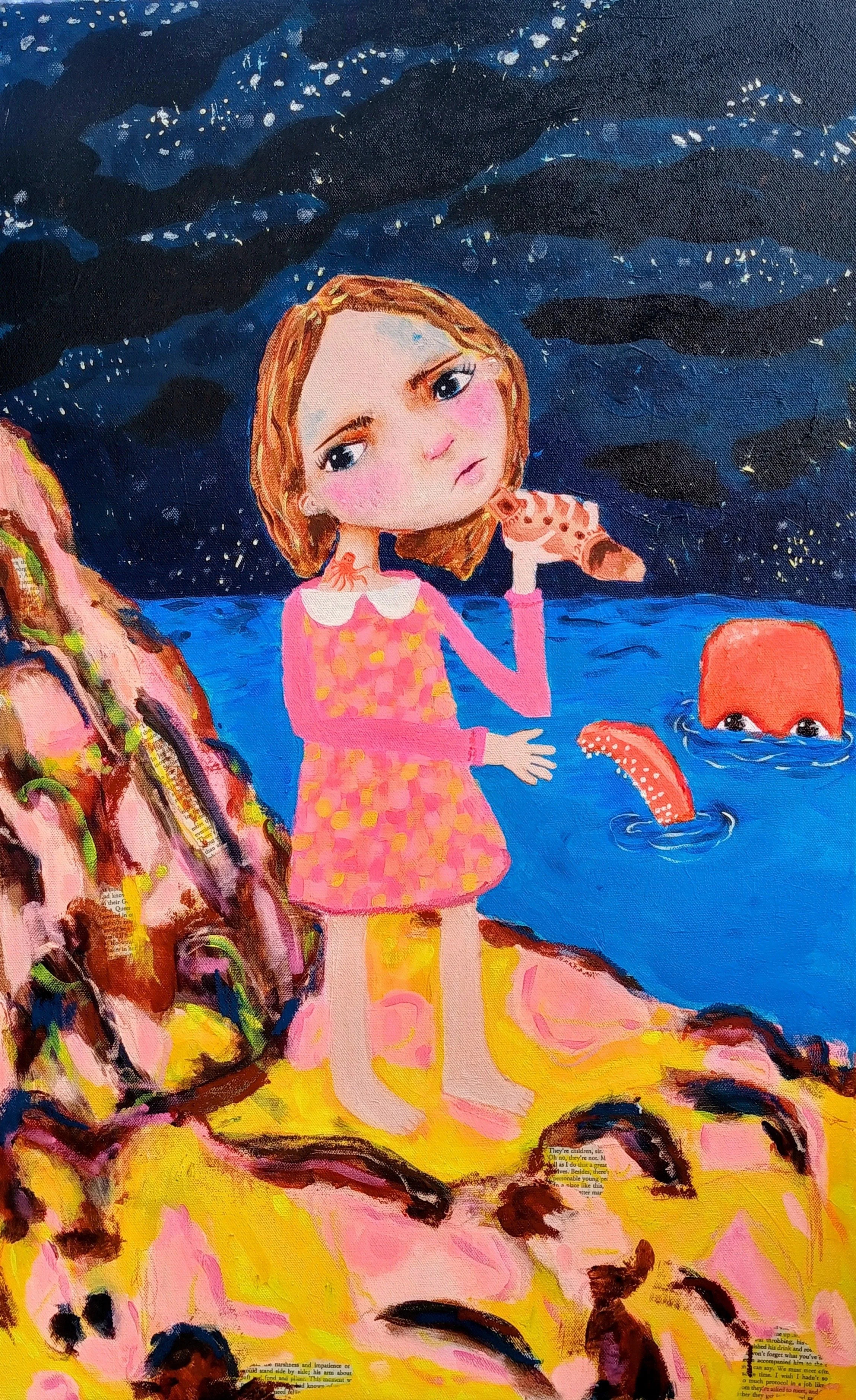 Kerensa the Whistle Bearer, a sea piskie on a Cornish beach at night with her orange octopus, acrylic painting by Cerisia Ta'Torin