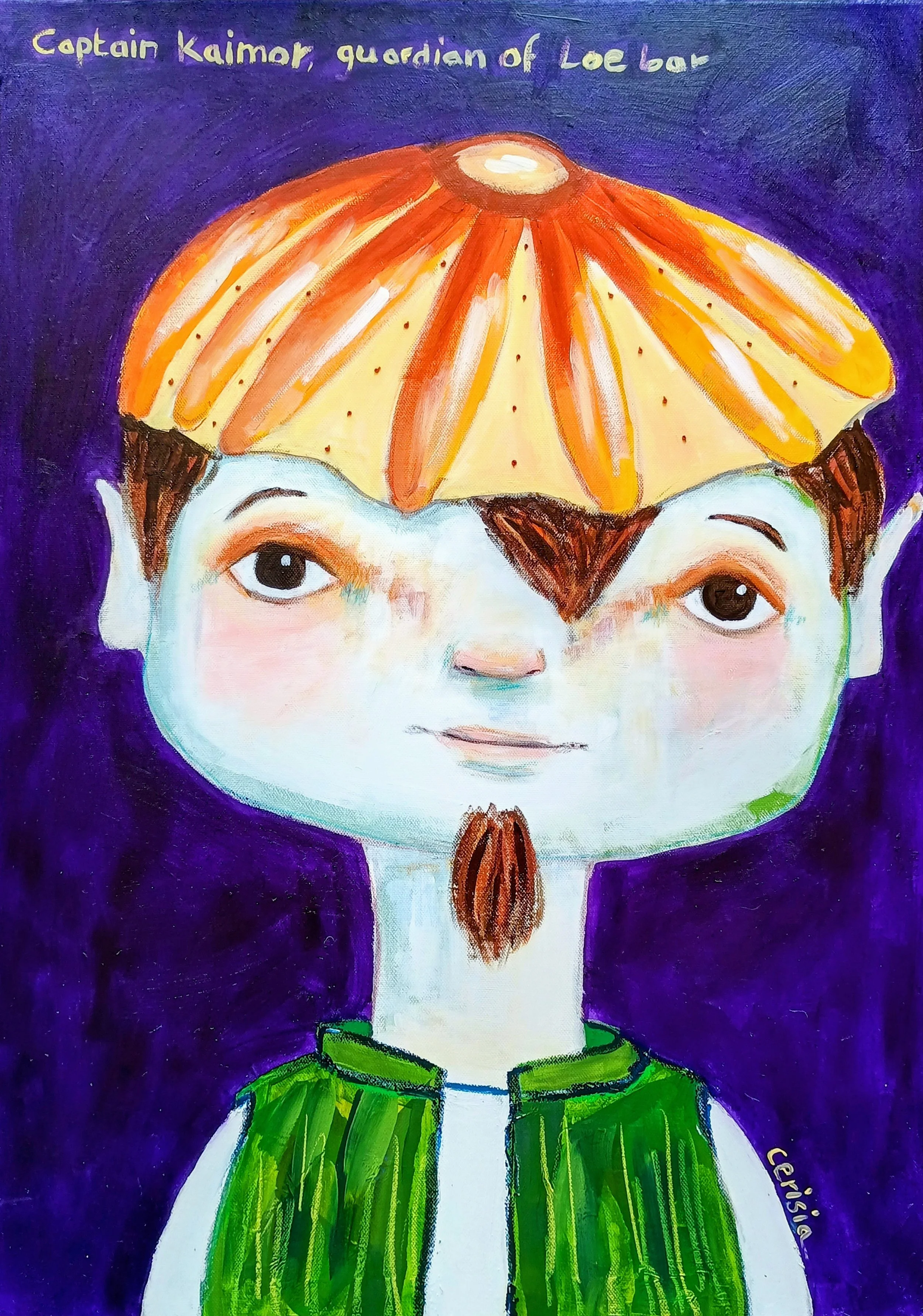 Captain Kaimor, Guardian of Loe Bar, a Cornish sea piskie in a limpet cap and kelp jacket, acrylic painting by Cerisia Ta'Torin