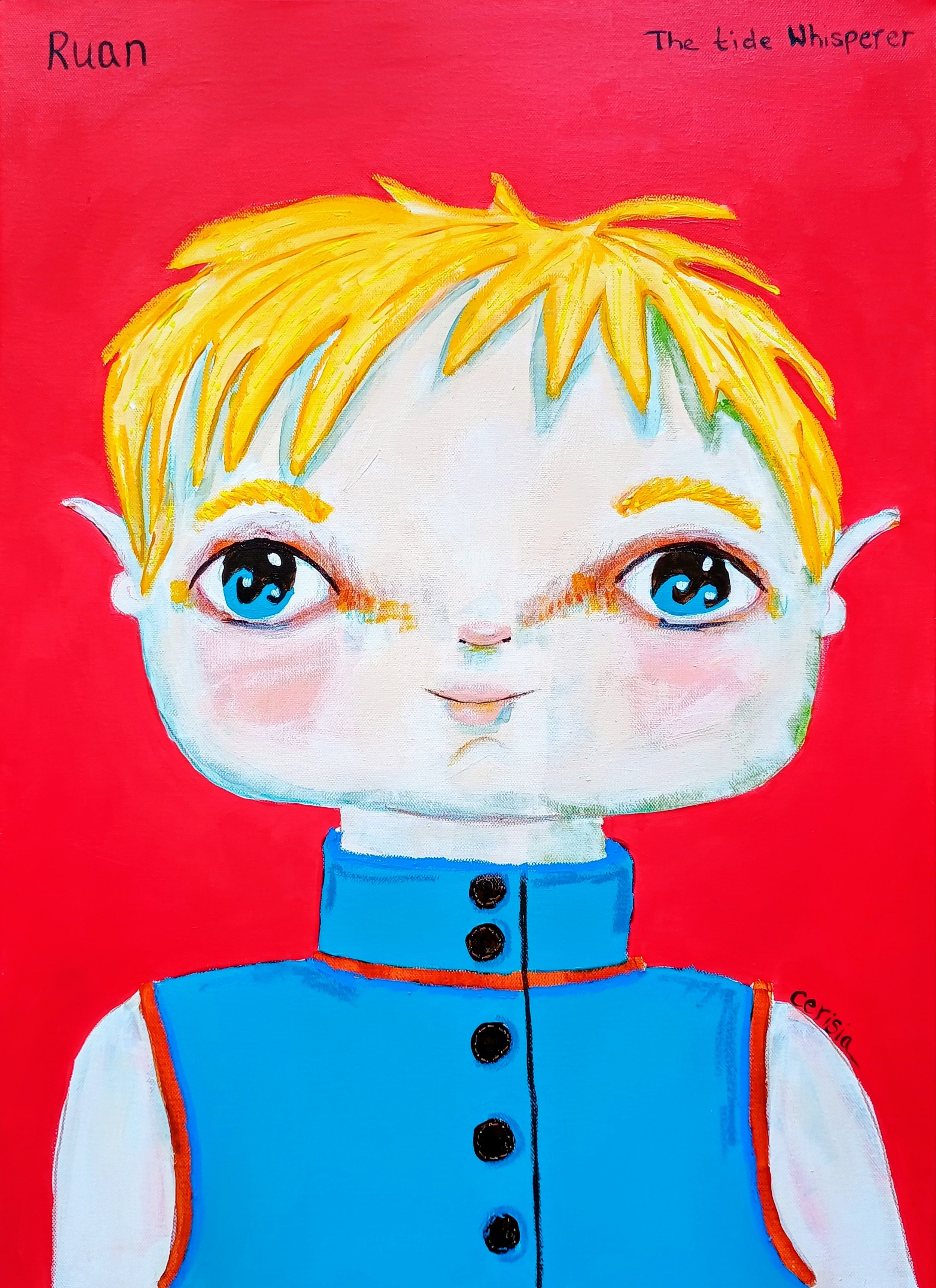 Ruan the Tide Whisperer, a blond sea piskie in a blue tunic, acrylic painting by Cerisia Ta'Torin