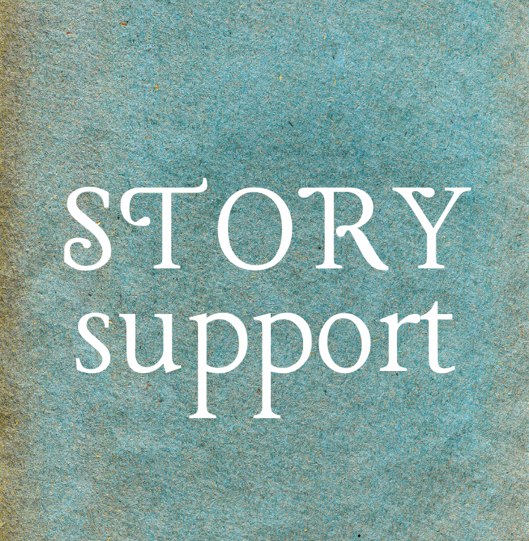 Text on textured blue-green background that reads 'STORY support'