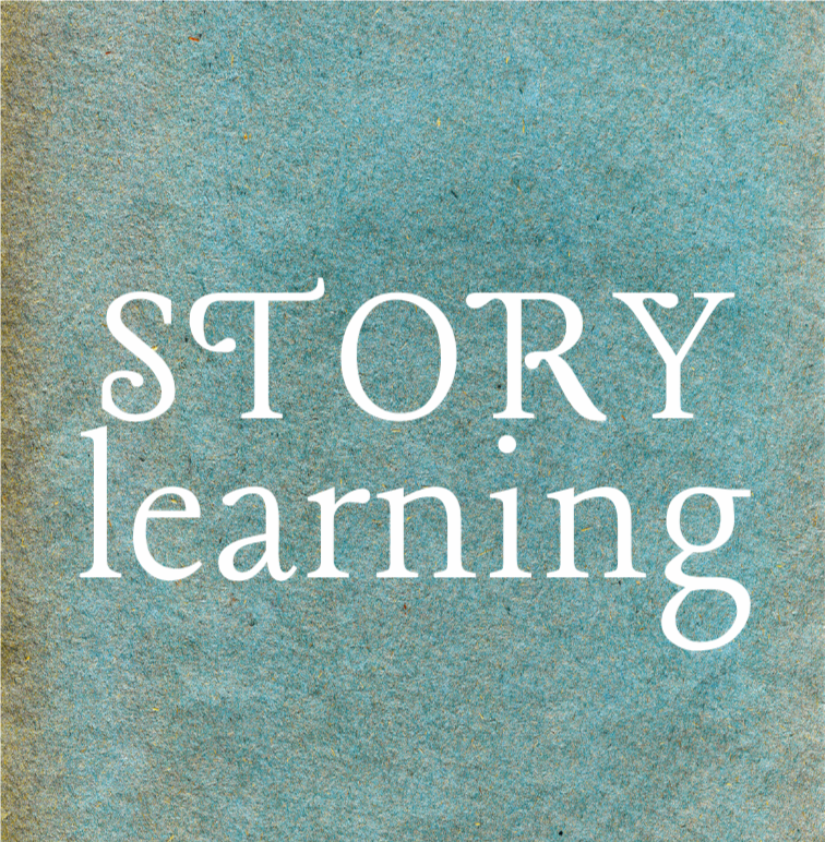 Close-up of a textured blue-green paper with the words "STORY learning" in white text.