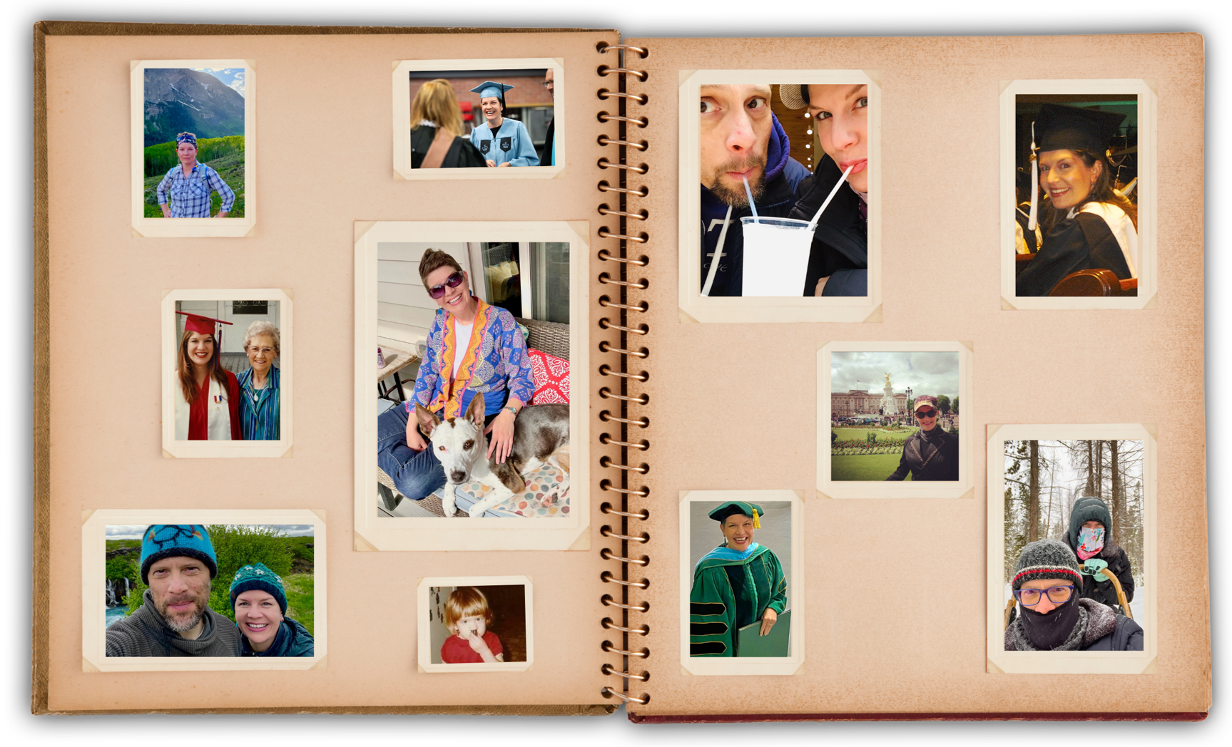 A scrapbook layout with multiple photos including a woman in a graduation gown, a man and woman drinking, a woman in a hat, a city park, a child, and a person in winter gear with a mask, all arranged on pages with corners taped down.
