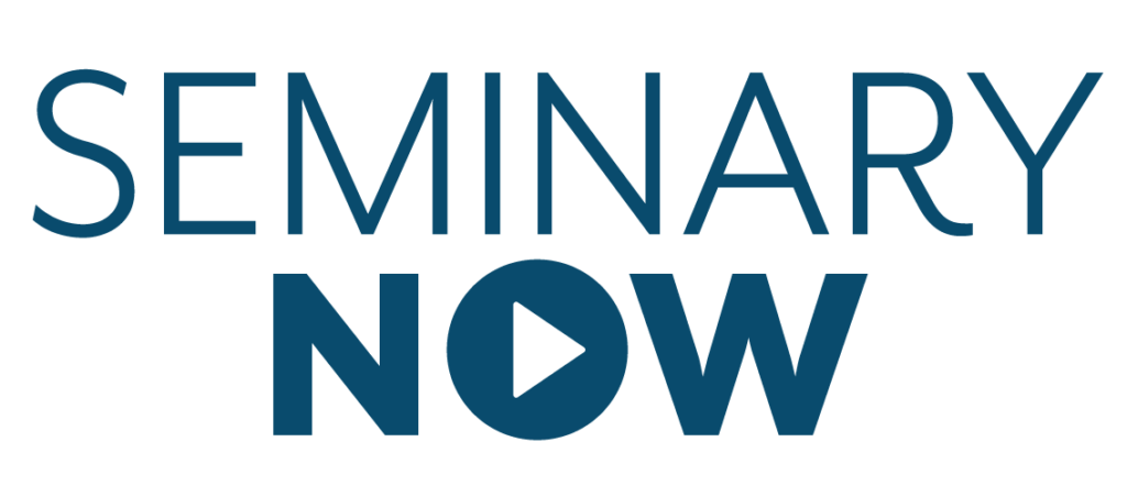Logo with the words "Seminary Now" and a play button icon inside the letter "O" in "Now".