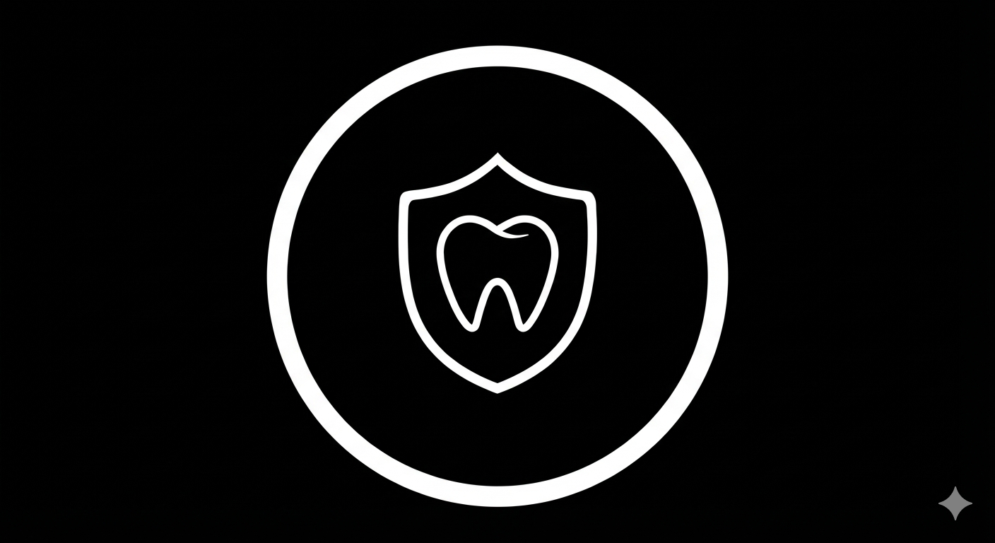 White outline of a shield with a tooth inside, surrounded by a circle on a black background.