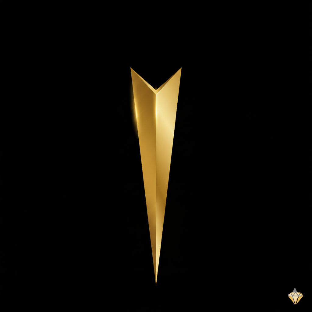 A black background with a vertical, gold, lightning bolt-shaped symbol in the center and a small diamond icon in the bottom right corner.