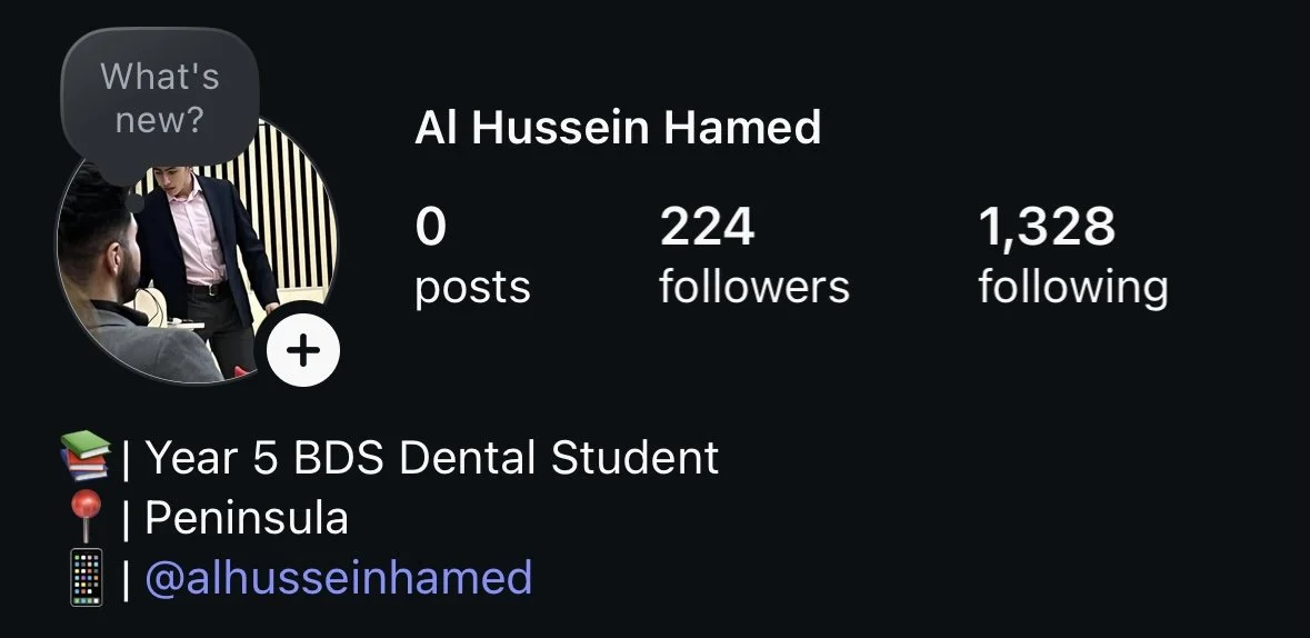 Social media profile of Al Hussein Hamed, a Year 5 BDS Dental Student on the Peninsula, with 224 followers and 1,328 following, showing a profile picture of a person in a professional or school setting, with text bubbles and icons.