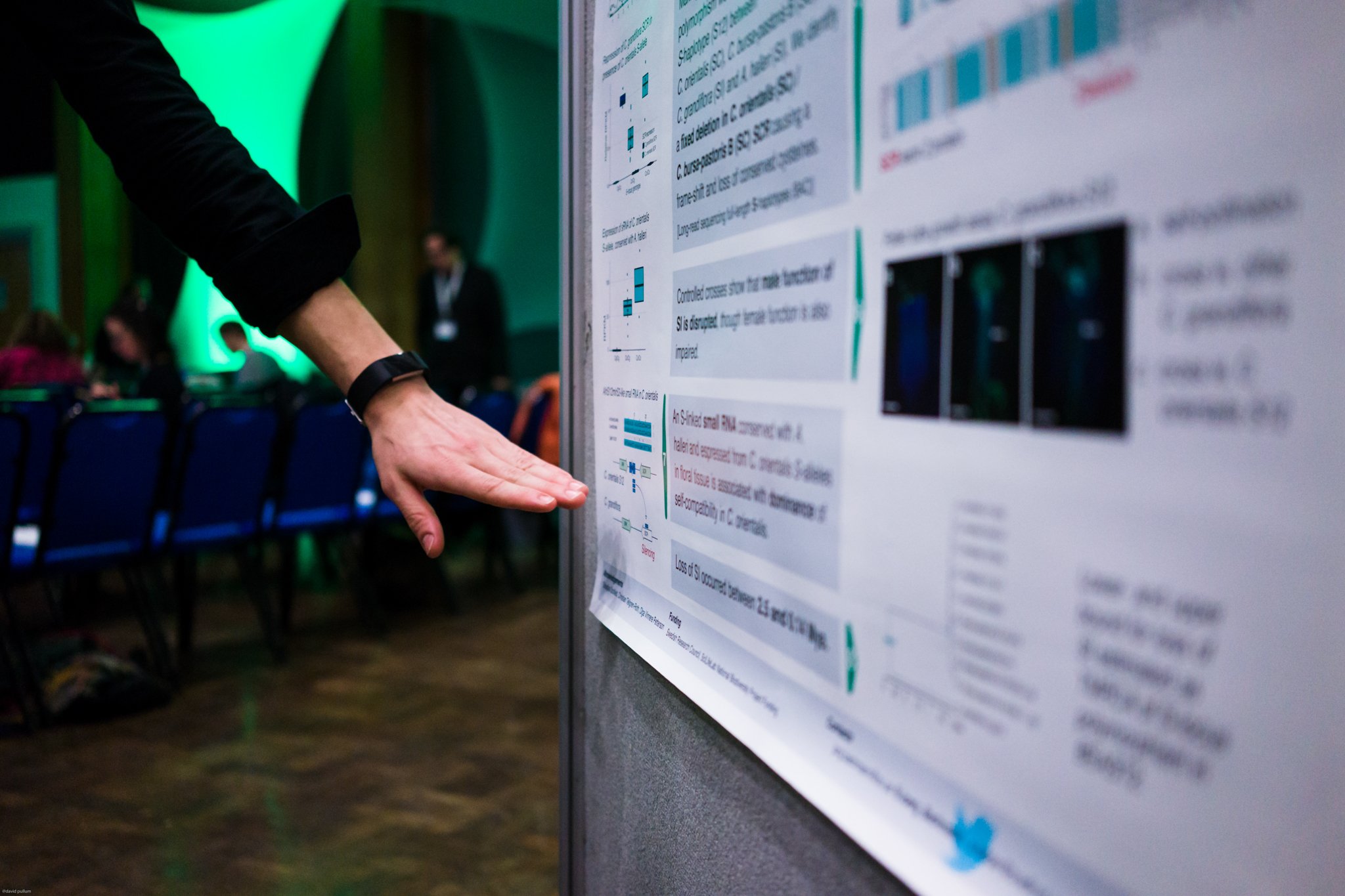 A person pointing at a research poster on a display board at a conference, with seated attendees and a presenter in the background