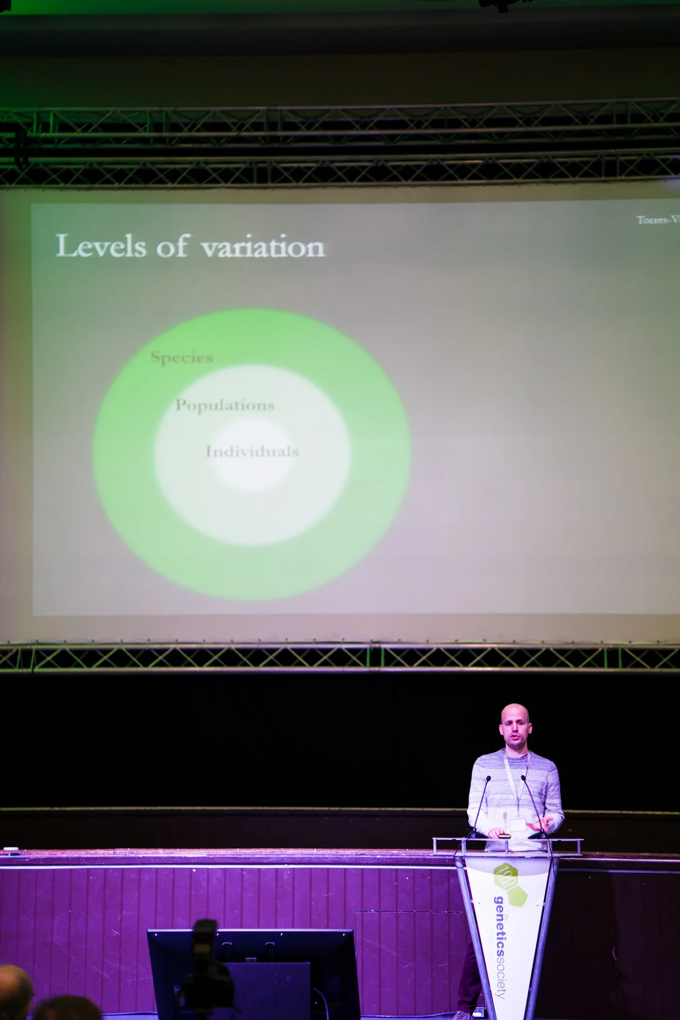 A man standing at a podium giving a presentation on a stage with a large screen behind him. The slide on the screen is titled 'Levels of variation' and shows concentric circles labeled 'Individuals,' 'Populations,' and 'Species.'
