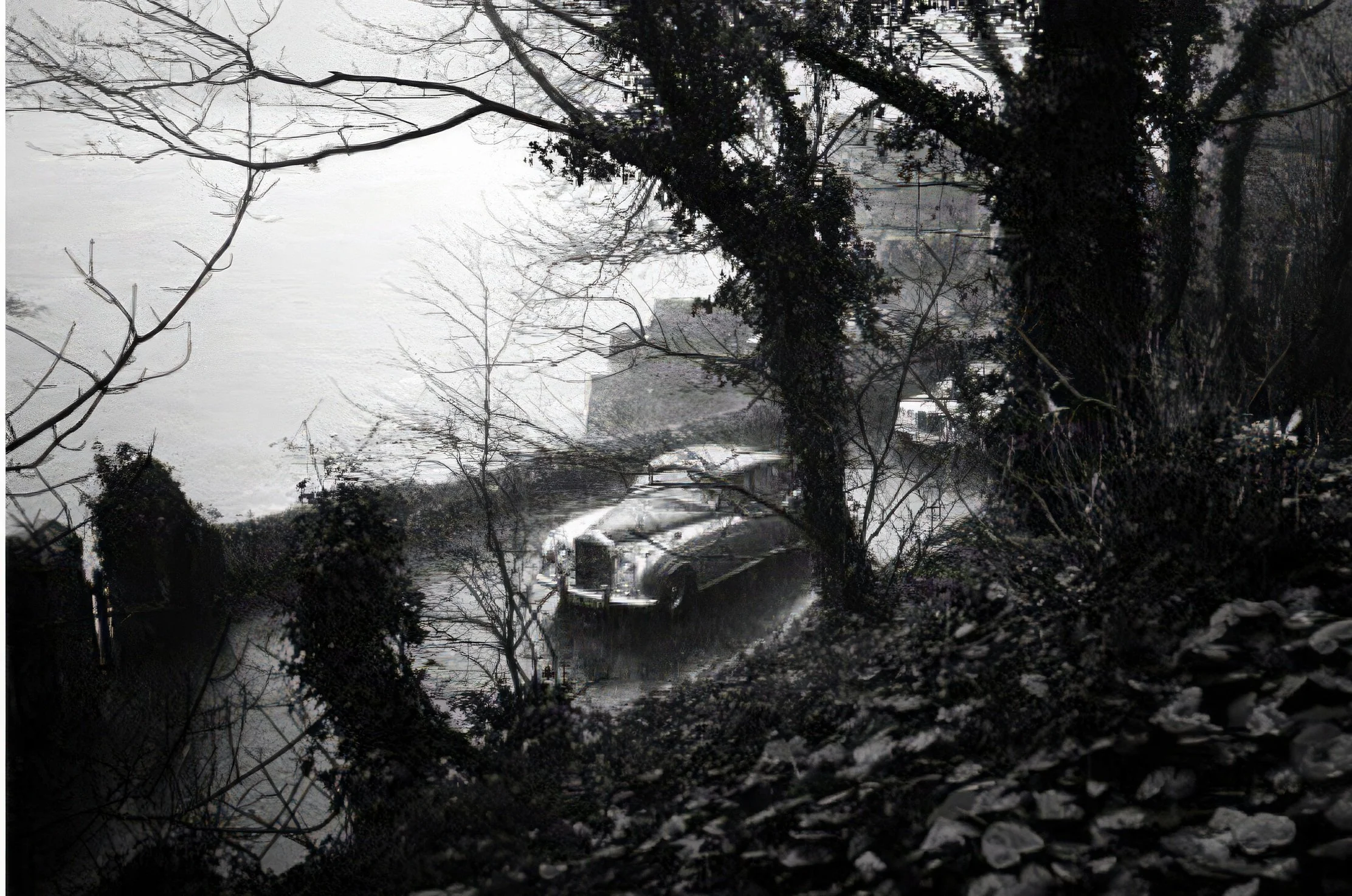 A black and white photo of a car parked on a dirt driveway amidst trees and fallen leaves, with a body of water and buildings visible in the background.