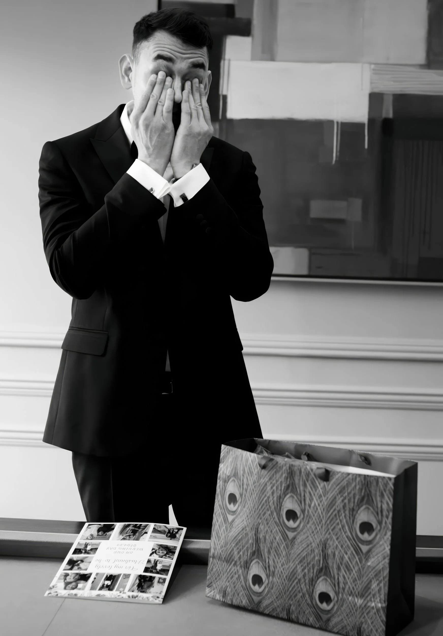 A man in a suit covers his face with his hands standing behind a table with a decorated gift bag and a brochure, in a room with a framed picture or mirror on the wall.