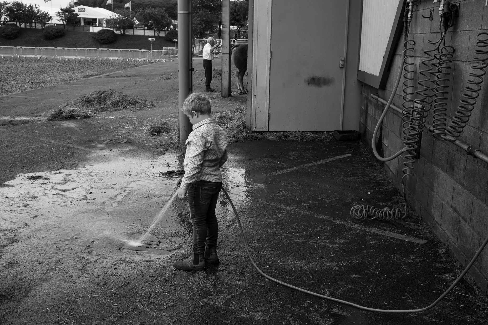 A young boy in a plaid shirt and jeans is watering concrete with a hose outside a building, with a cow and a man in the background.
