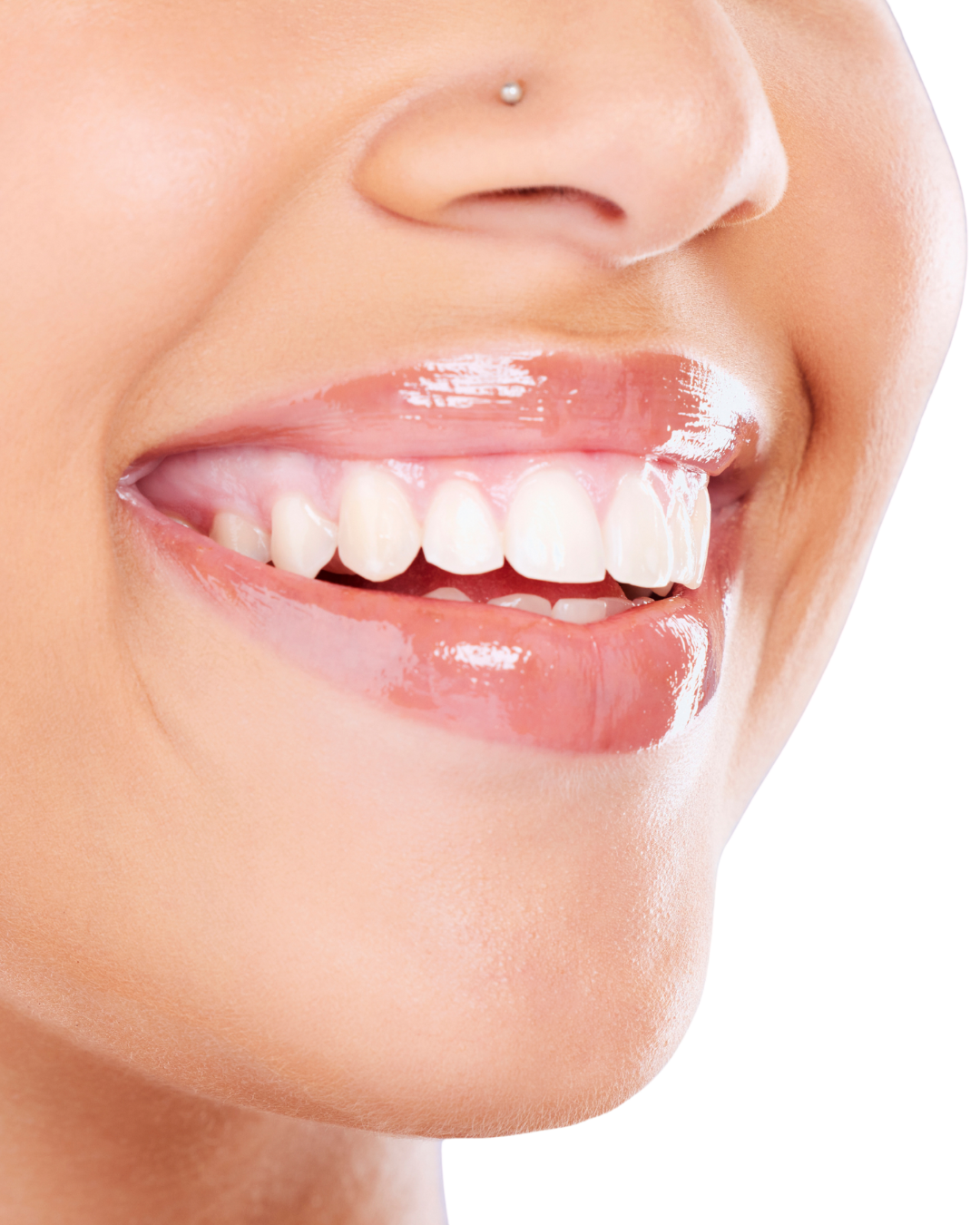 Close-up of a smiling woman showing her white teeth with gloss on her lips and a nose piercing.