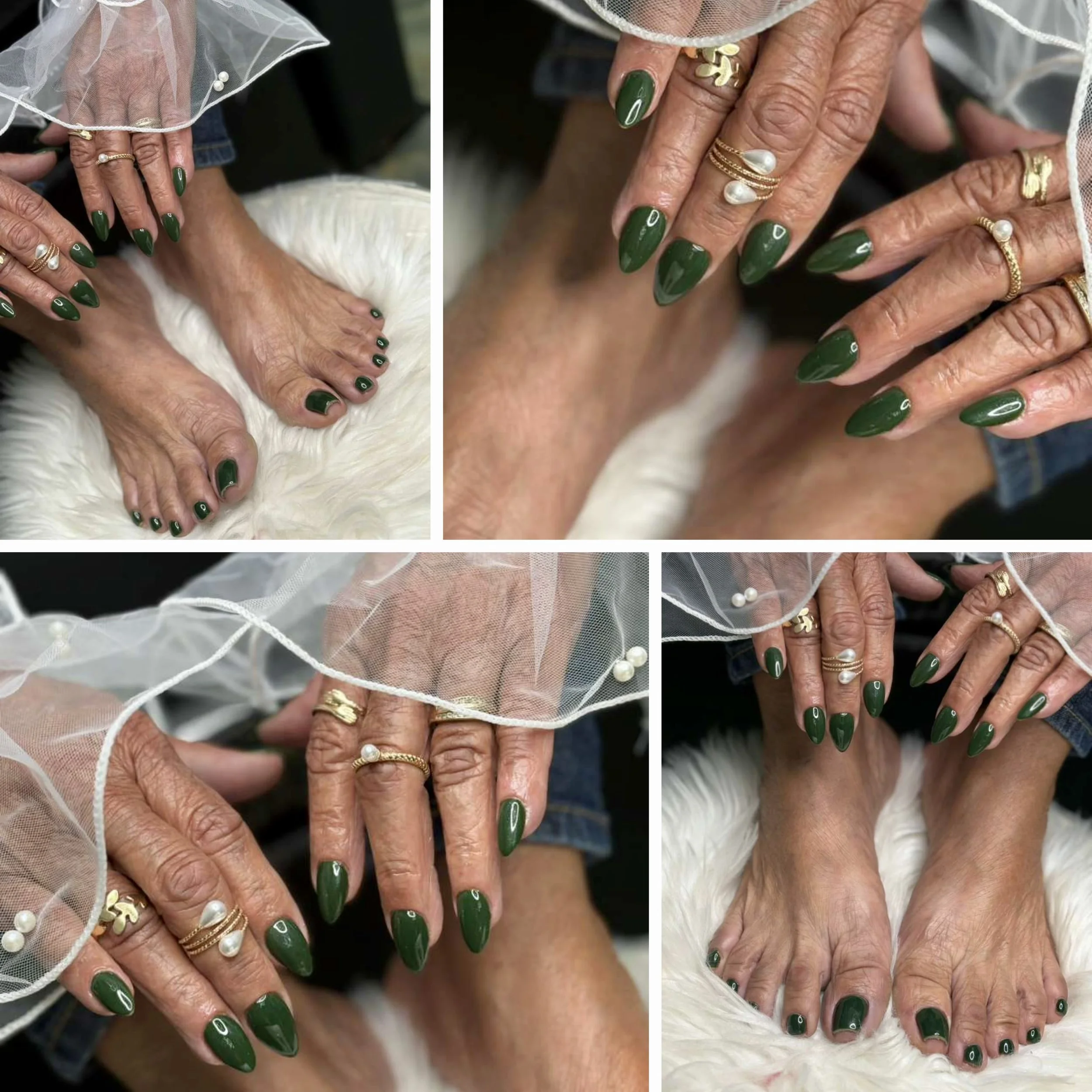 Close-up of mature woman's hands and feet with dark green painted nails, adorned with gold and pearl rings, resting on a white furry surface, with a sheer veil or fabric draped over her hands at Kathy's Excellent Spa