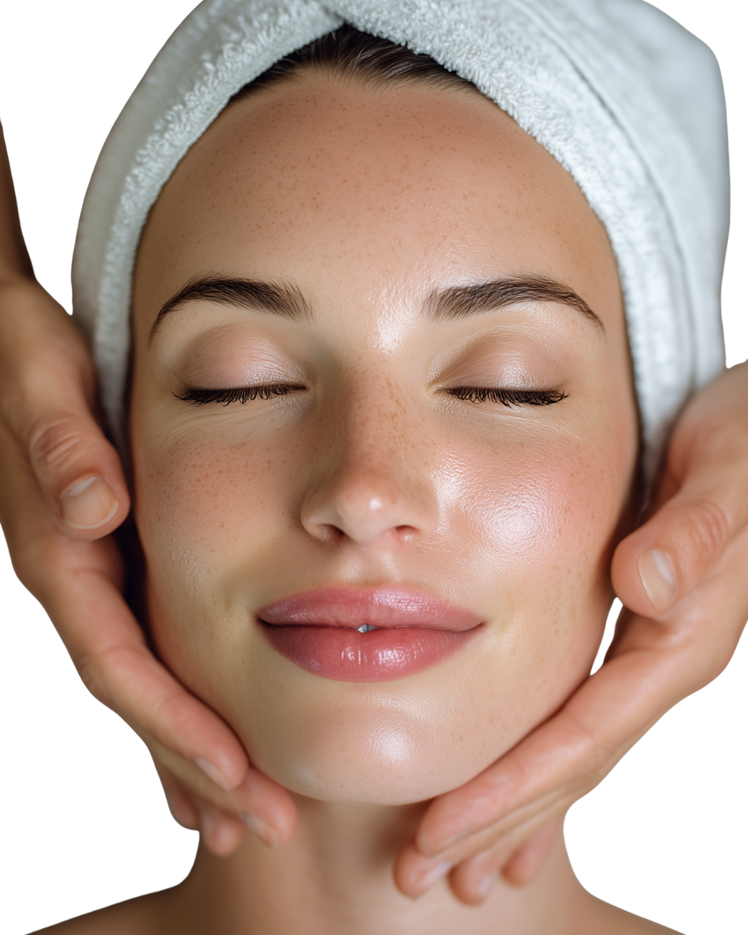 Close-up of a woman receiving a facial massage, with her eyes closed and a towel wrapped around her head.