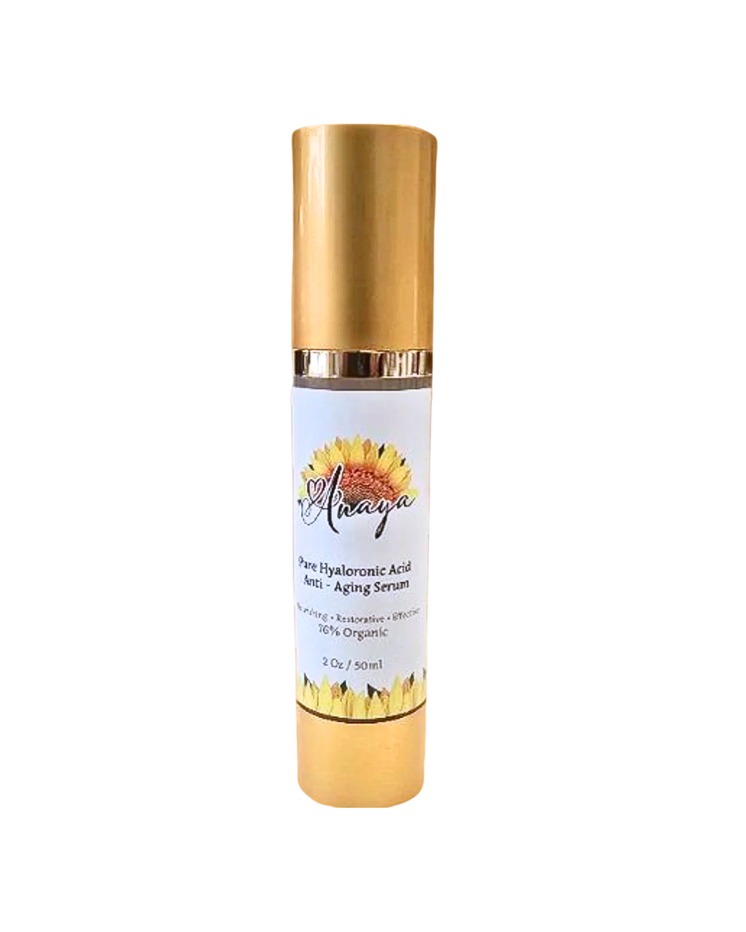 Anaya Pure Hyaluronic Acid Anti-Aging Serum in gold pump bottle for deep hydration and skin plumping