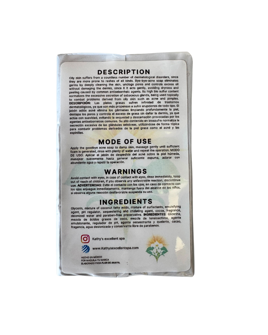 Ingredients and usage instructions on the back label of Anaya organic acne bar soap