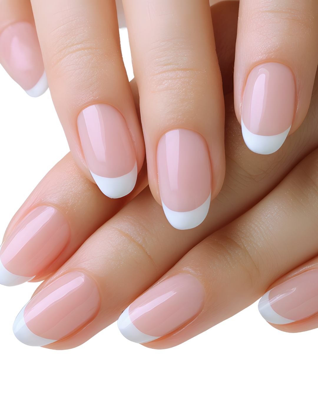 Close-up of a hand with natural nails shaped in a classic oval style and painted with a French manicure, featuring pink polish with white tips.