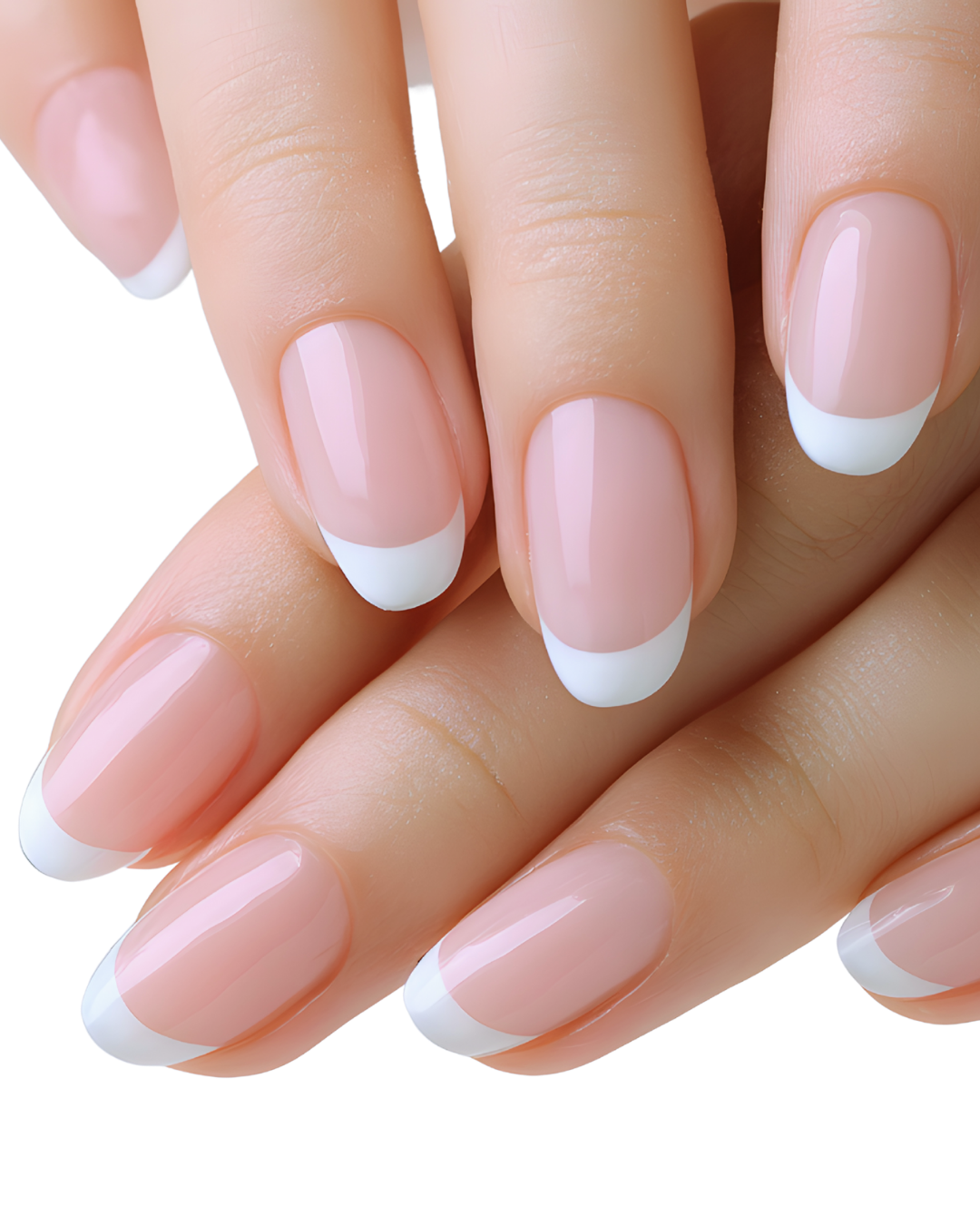 Close-up of manicured hands with natural pink nails and white French tips.