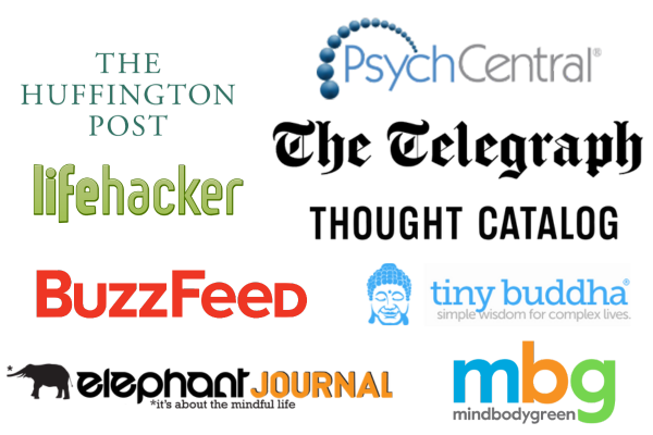 A collection of logos from various media and mental health organizations, including The Huffington Post, Psych Central, Lifehacker, BuzzFeed, Tiny Buddha, MindBodyGreen, and a journal publication.