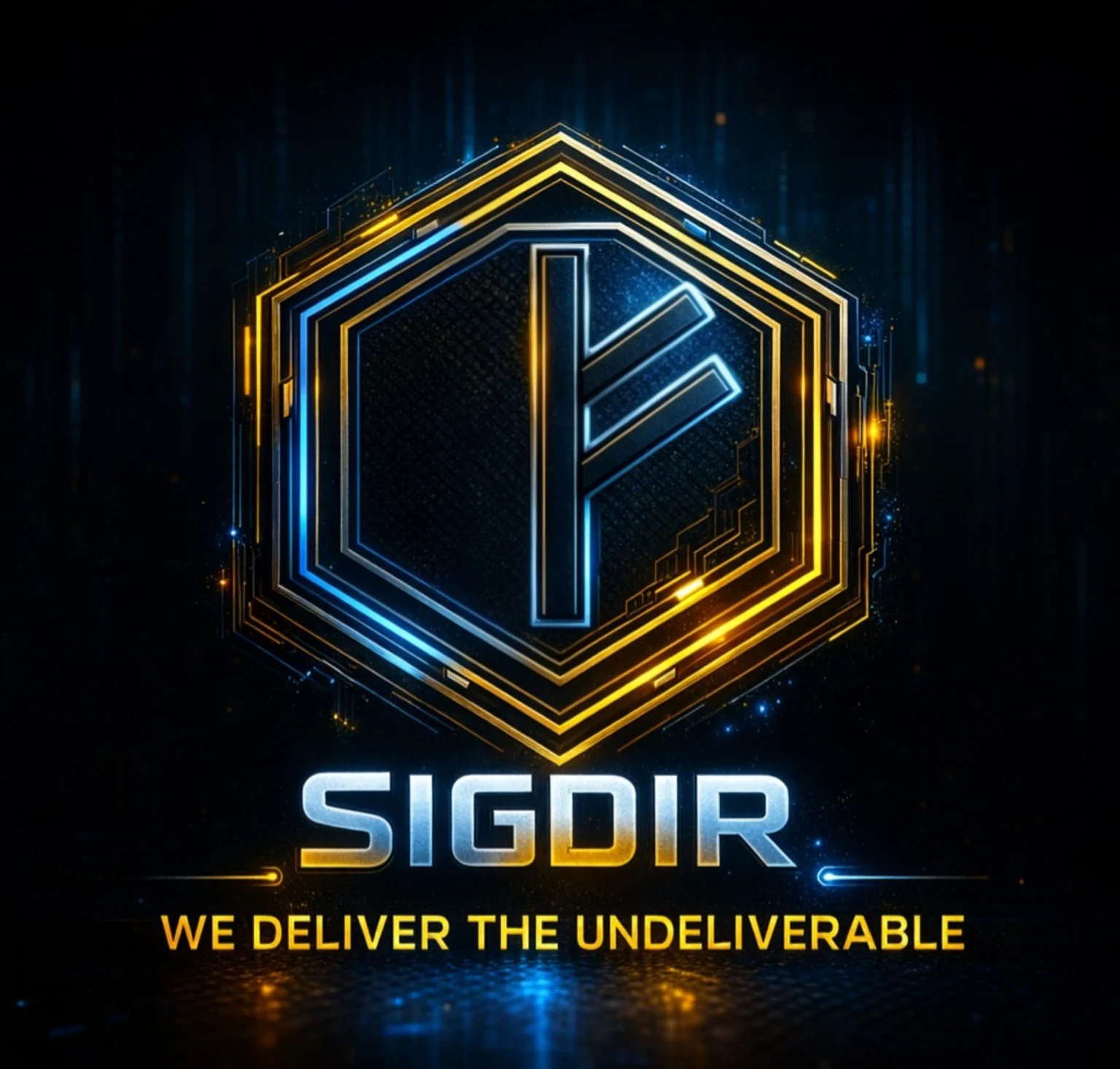Futuristic digital logo for SIGDIR with the tagline 'We deliver the undeliverable,' featuring a hexagon outline and a stylized letter 'F' in the center, illuminated in blue and gold neon lights.