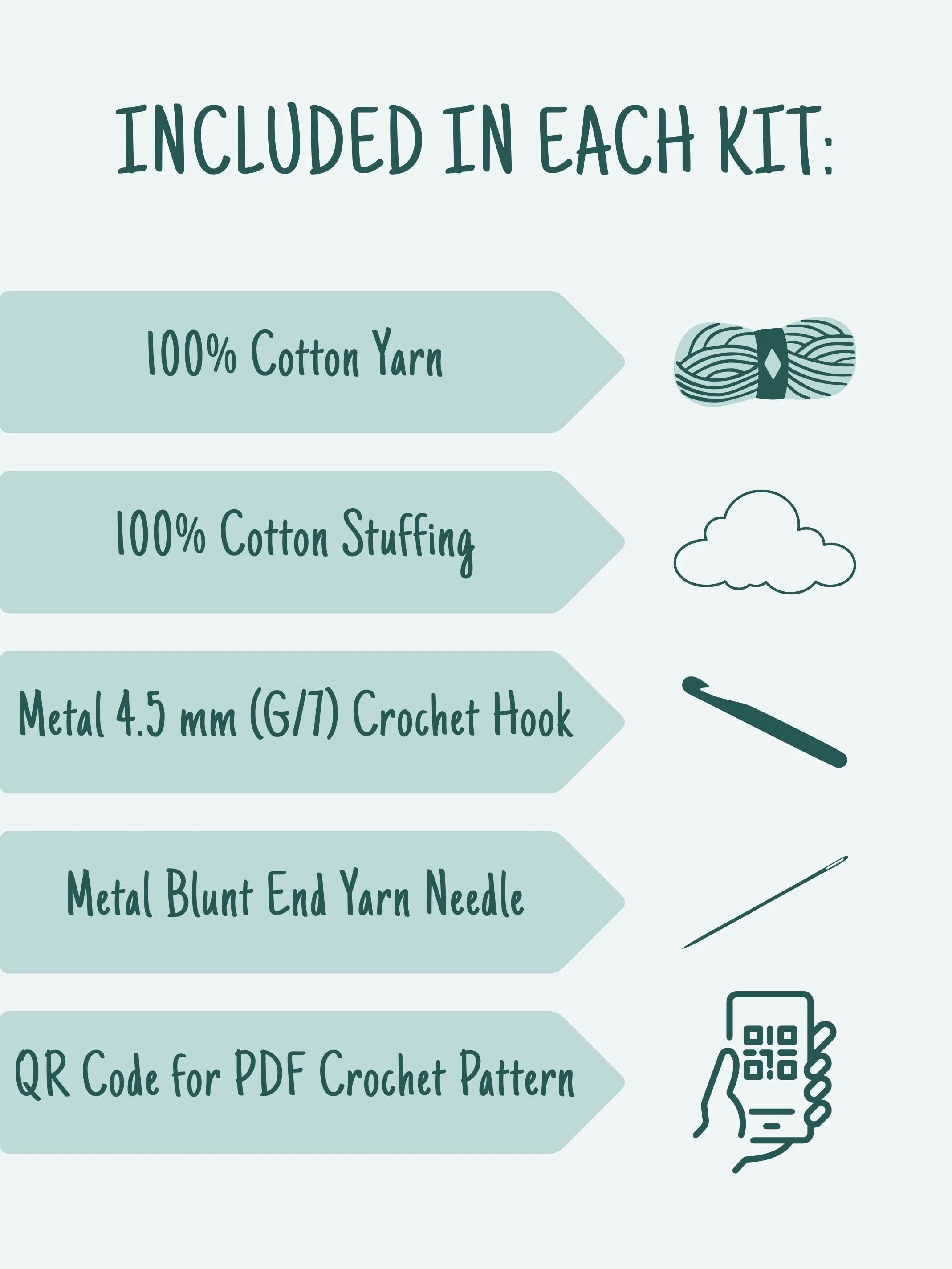 An infographic showing what’s included in each Emm and Skootch crochet kit