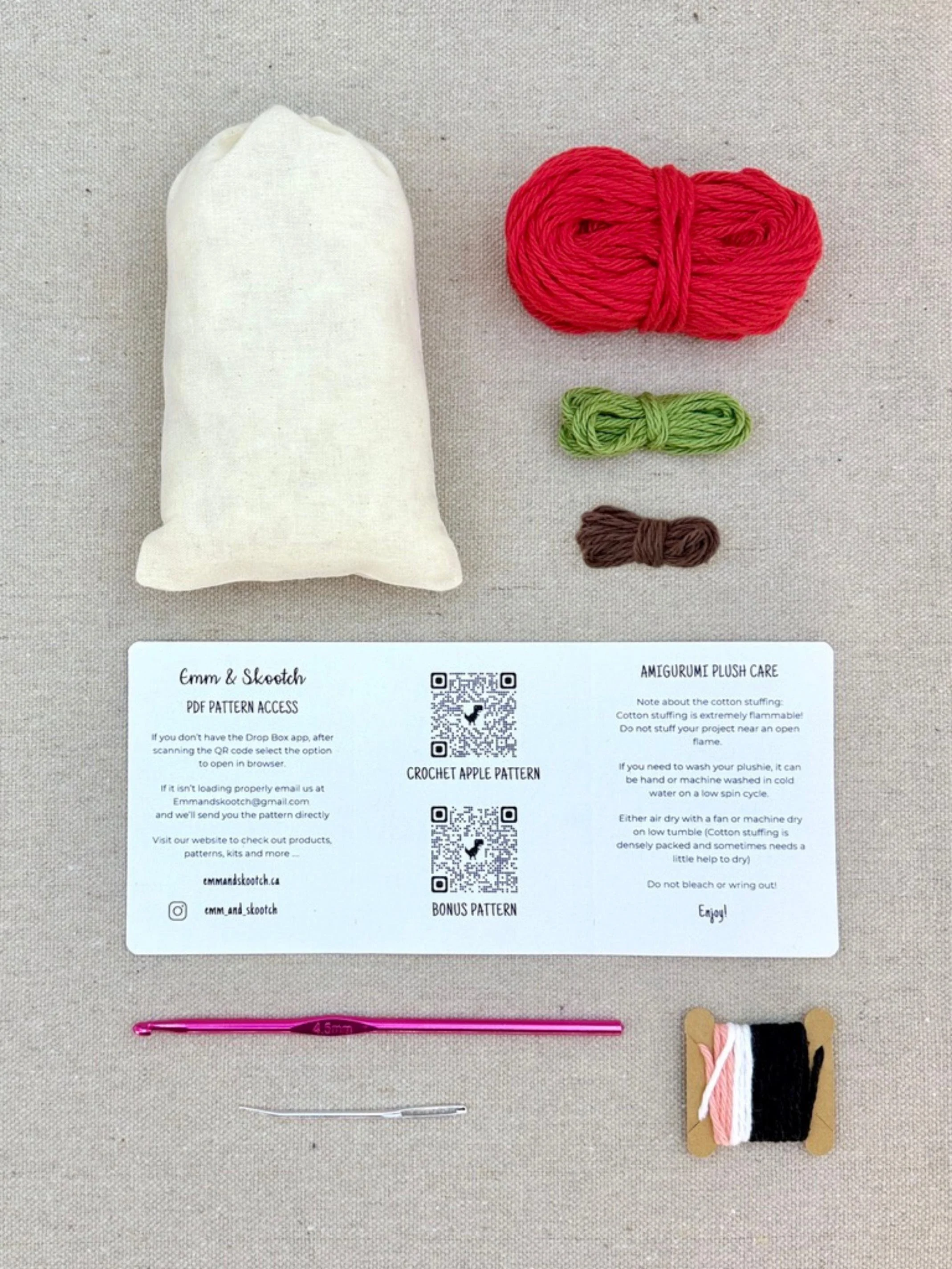 Plastic free tools and materials included in the red apple eco-friendly crochet kit