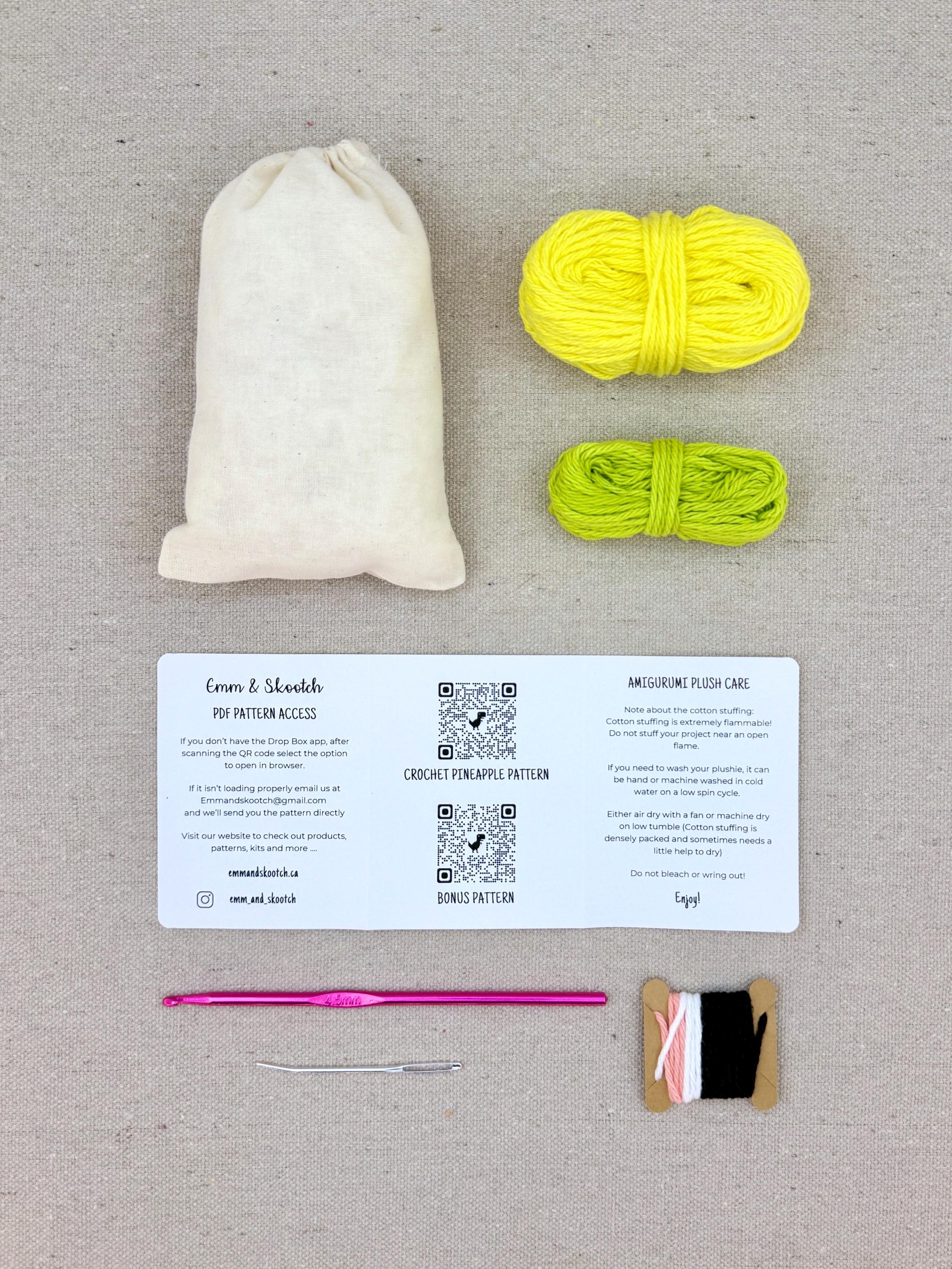 Plastic free tools and materials included in the bright yellow pineapple eco-friendly crochet kit