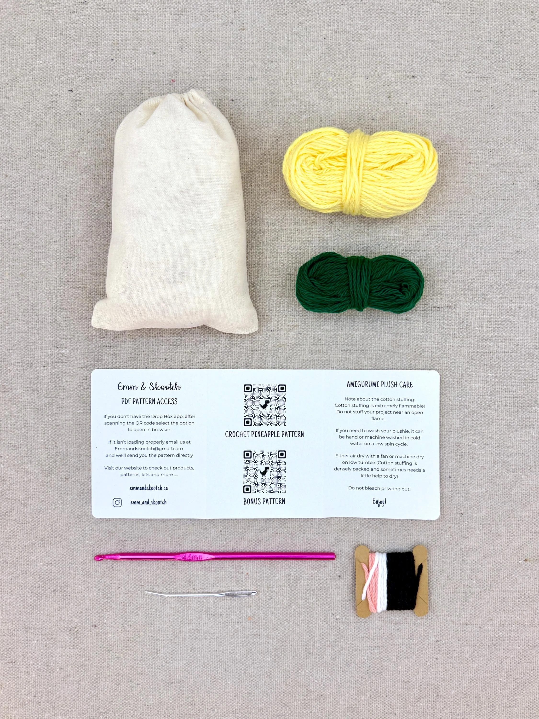 Plastic free tools and materials included in the butter yellow pineapple eco-friendly crochet kit