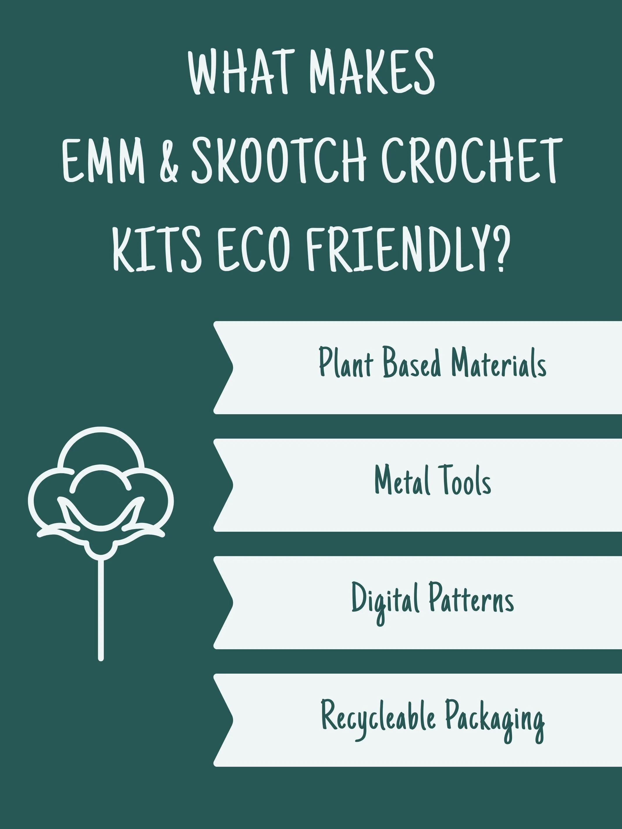 An infographic describing what makes Emm and Skootch crochet kits eco-friendly